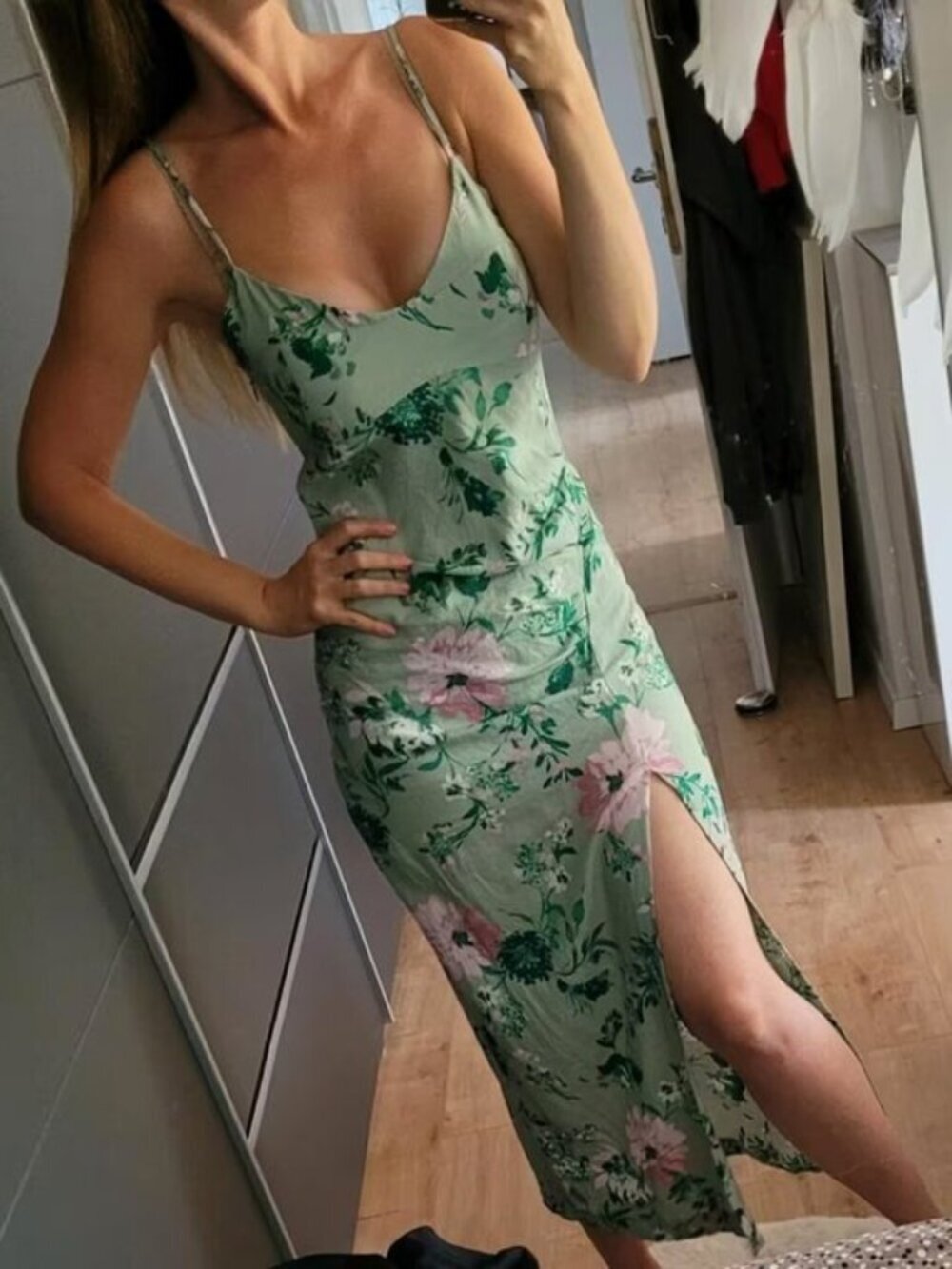 Zara Linen Blend Floral Print Midi Dress NWT Green Pink Size XL